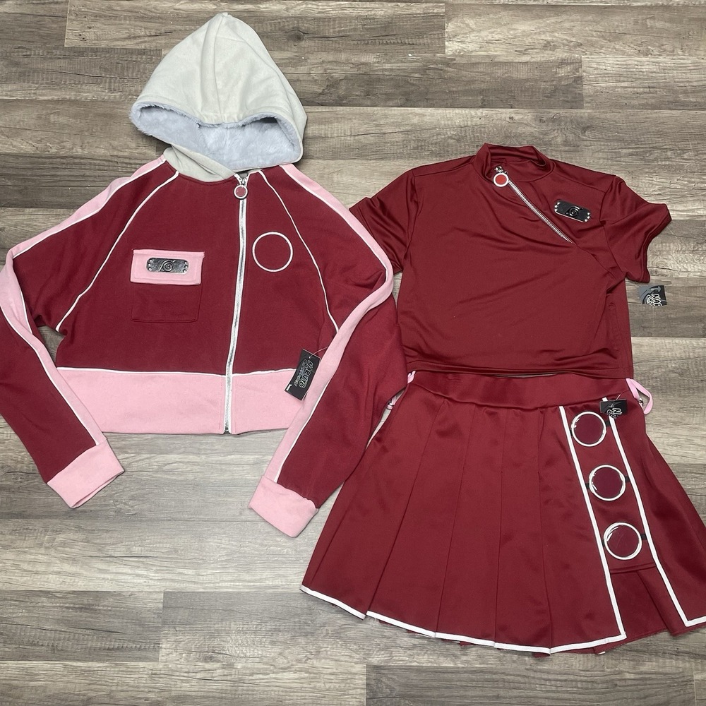 Spencer's Naruto Sakura Haruno Cosplay Women Size M Red 3pc Hoodie Skirt Set
